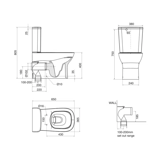 Posh Domaine Rimless Close Coupled Back to Wall Toilet Suite Back Inlet with Soft Close Quick Release Seat (4 Star)