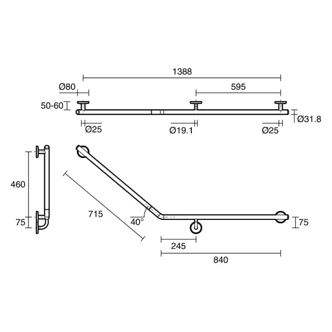Mizu Drift 840 x 715 x 40 Degree Accessible Toilet Grab Rail Modular Right Hand Polished Stainless Steel