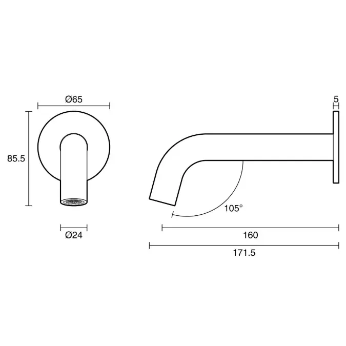 Mizu Drift Wall Basin/Bath Outlet Curve Spout 160 Matte Black (6 Star) Lead Free