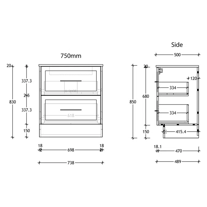 Kado Lux 750mm All Drawer Floor Mounted Vanity Unit 2 Drawers Single Centre Vanity (No Basin)