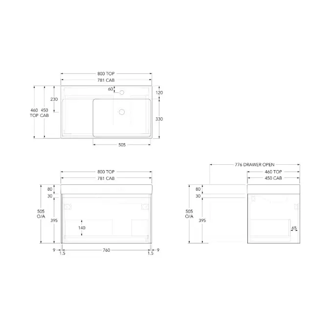 Roca Ona Vanity All Drawer Single Right Hand Bowl 800mm Matte White