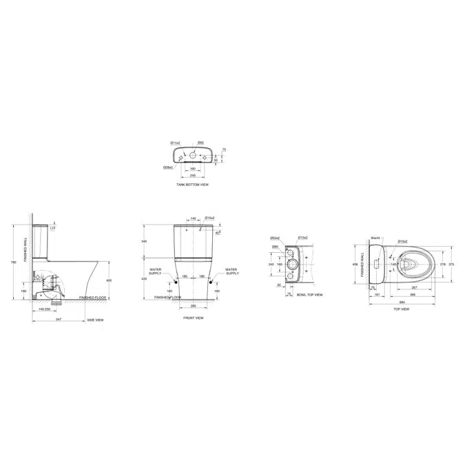 American Standard Signature Hygiene Rim Close Coupled Back to Wall Bottom Inlet Toilet Suite with Soft Close Quick Release White Seat (4 Star)