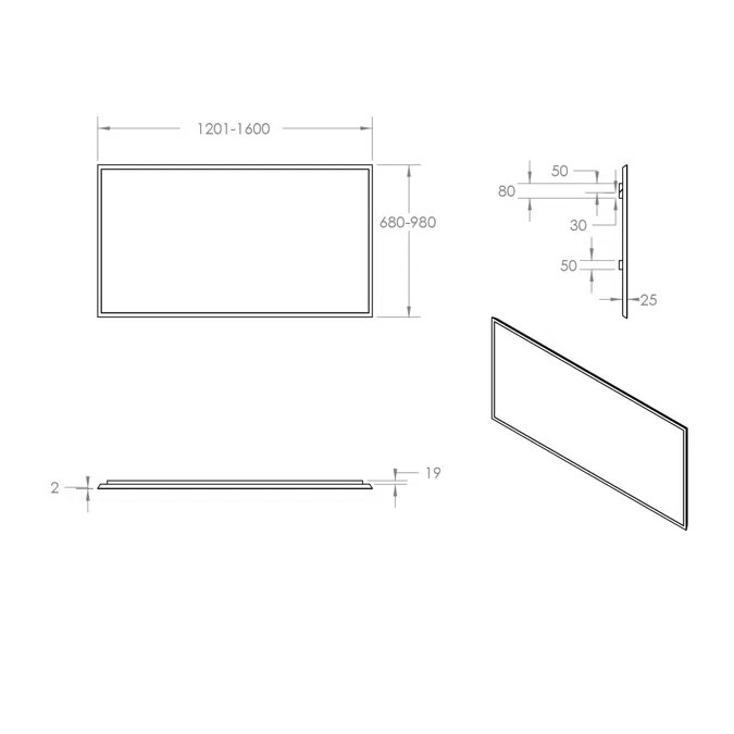 ISSY Z8 1201mm - 1600mm x 50mm x 680mm - 980mm Custom Mirror