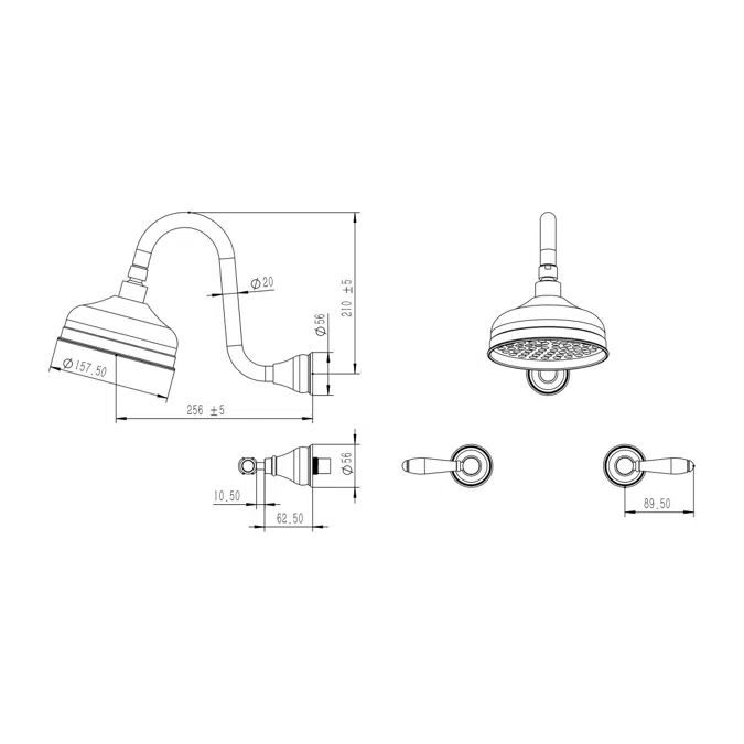 Milli Monument Edit Gooseneck Shower Set Lever Porcelain Handles Brushed Gold (3 Star)