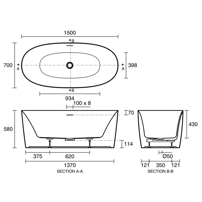 Kado Lux Freestanding Bath 1500mm x 700mm x 580mm with Overflow Gloss White