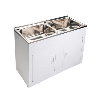 afbeelding voor Base Double Laundry Trough & Cabinet 1 Taphole 45 litres Stainless Steel/ White