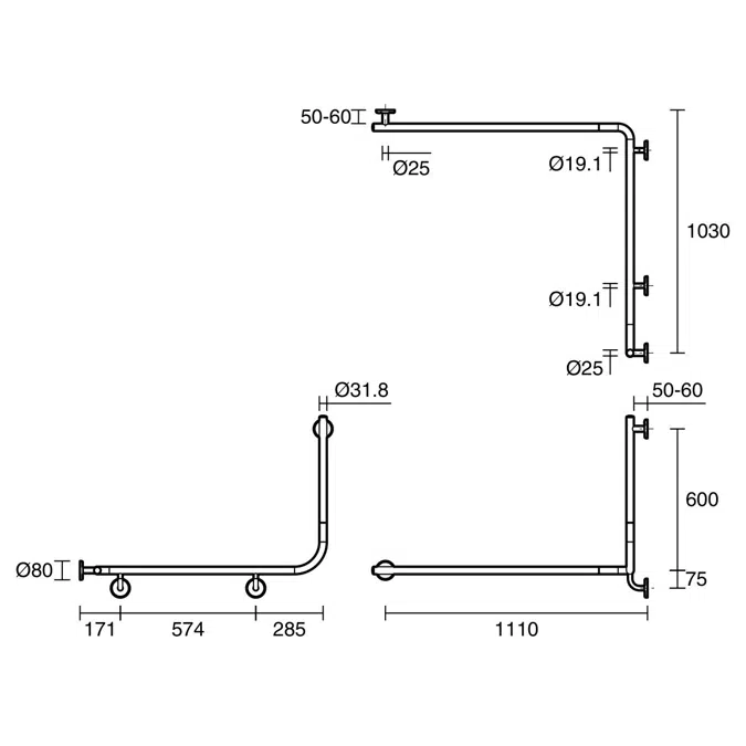 Mizu Drift 1110 x 1030 x 600 x 90 Degree Accessible Grab Rail Modular Left Hand Polished Stainless Steel