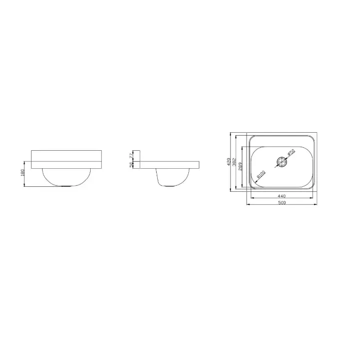 Wolfen Wall Hand Basin 500x420mm with Brackets No Taphole Stainless Steel