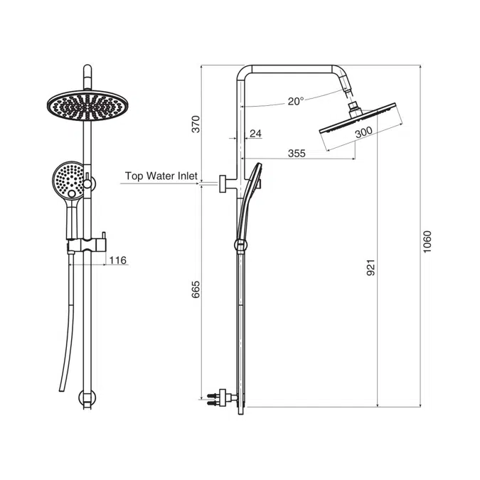 Mizu Drift Twin Rail Shower with 300 Brass Overhead with Top Rail Water Inlet Brushed Nickel (3 Star)