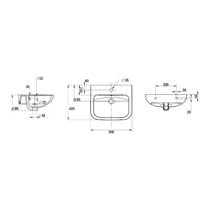 Wolfen Wall Basin 500 x 420 x 190mm with Overflow & fixings 1 Taphole White