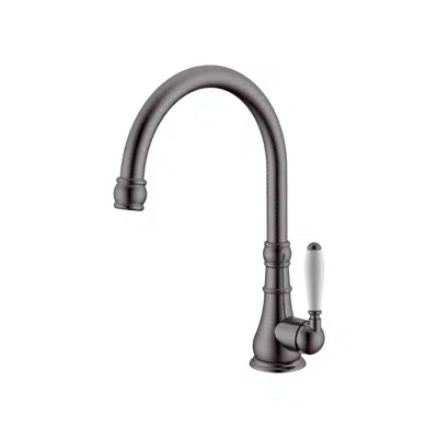 billede til Milli Voir Gooseneck Sink Mixer Tap Large Porcelain Handle Brushed Gunmetal (4 Star)