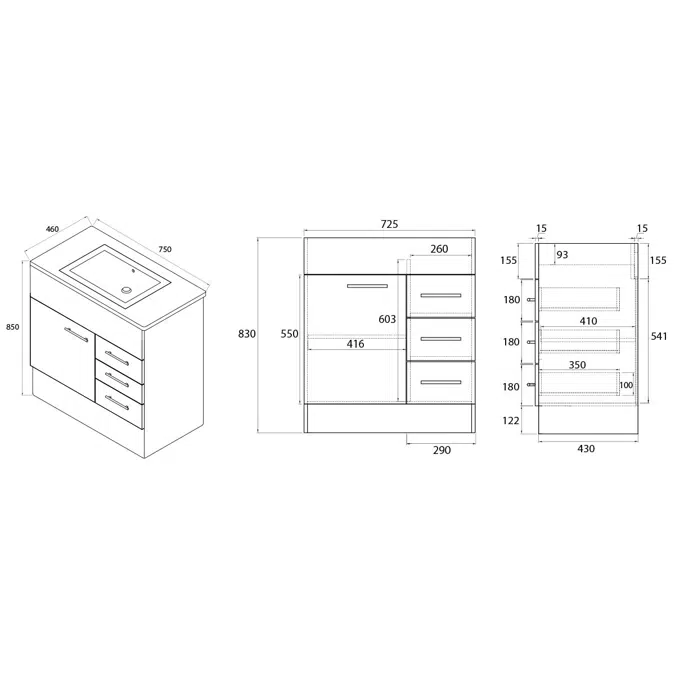 Posh Bristol MK2 750mm Vanity Unit with Kick Centre Bowl 1 Door and 3 Right Hand Drawers 3 Taphole White