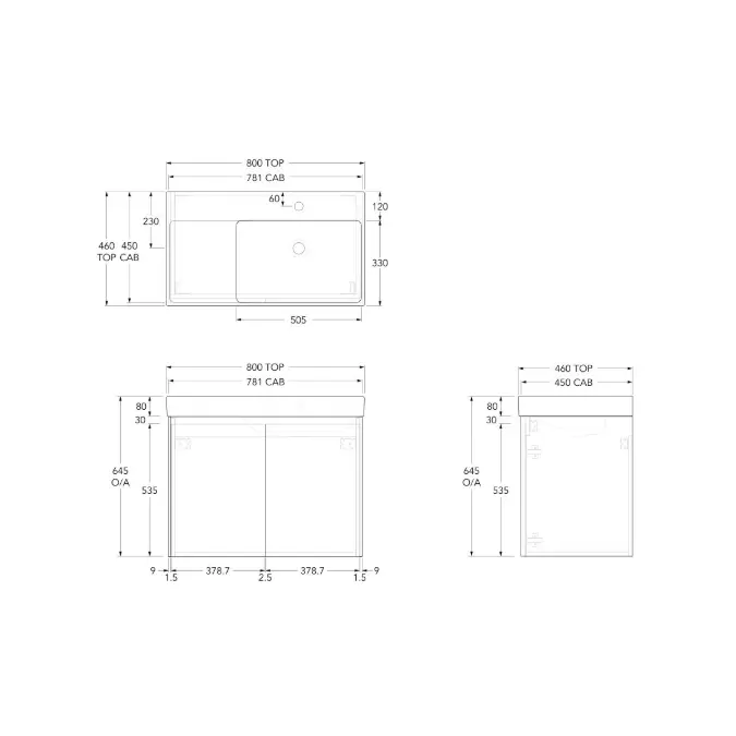 Roca Ona Vanity All Door Right Hand Bowl 800mm Matte Grey