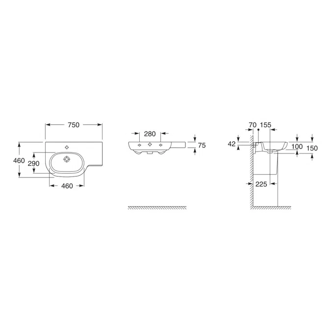 Roca Meridian Wall Basin Left Hand Bowl with Fixing Kit 750mm White