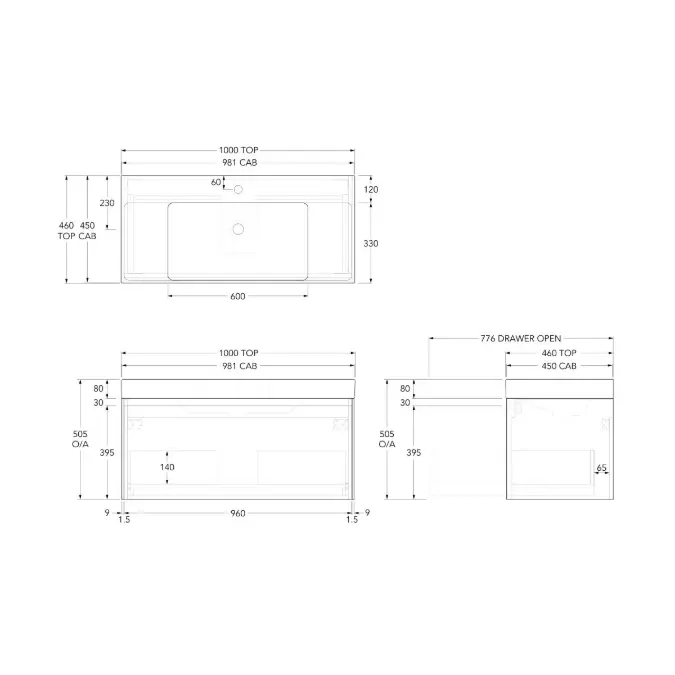 Roca Ona Vanity All Drawer Single Centre Bowl 1000mm Matte Green