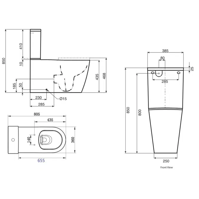 Wolfen 800 Close Coupled Back to Wall Rimless Toilet Suite with Single Flap Seat White with Backrest (4 Star)