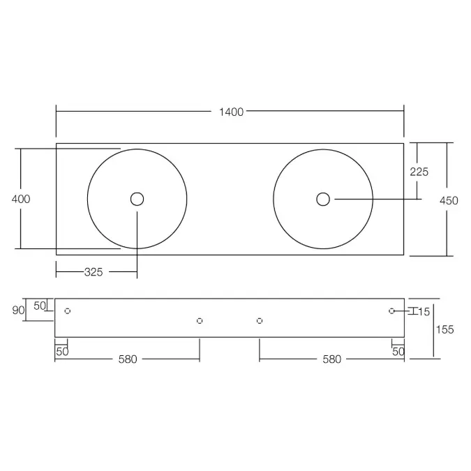 Omvivo Neo Solid Surface Wall Basin Double Bowl No Taphole 1400mm White