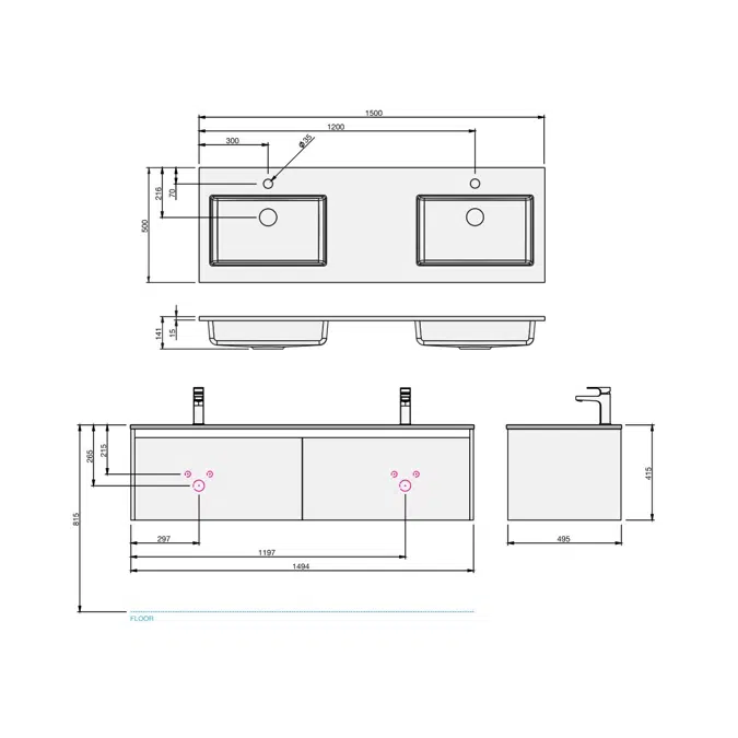 St Michel Kayla Wall Hung Vanity Unit 1500 Integrated Double Bowl 2 Drawer White