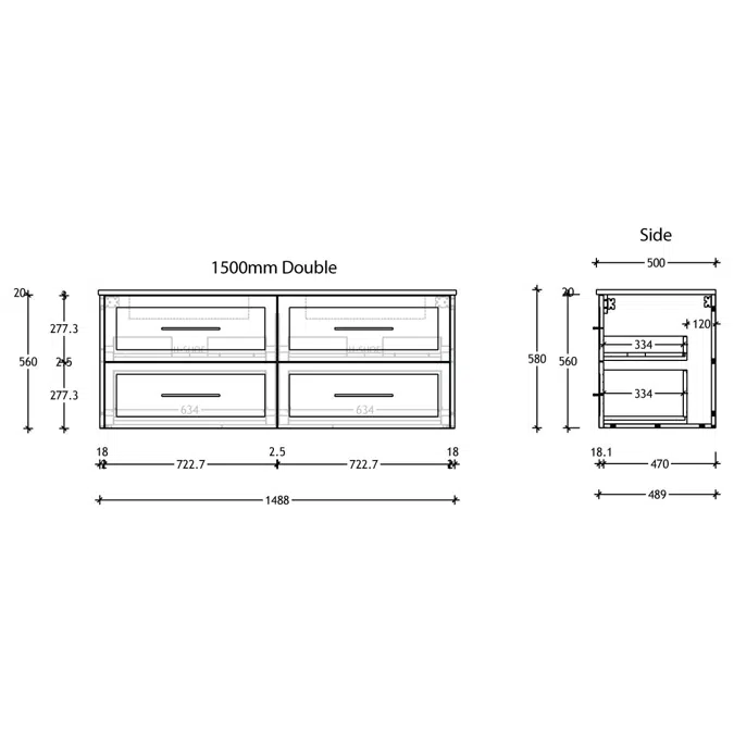 Kado Lux 1500mm All Drawer Wall Hung Vanity Unit 4 Drawers Double Bowl Vanity (No Basin)