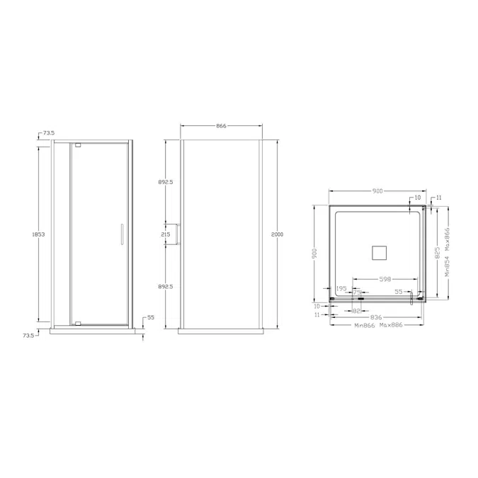 Posh Bristol Luna Shower Base & Shower Screen with Centre Outlet 900mm x 900mm White & Chrome