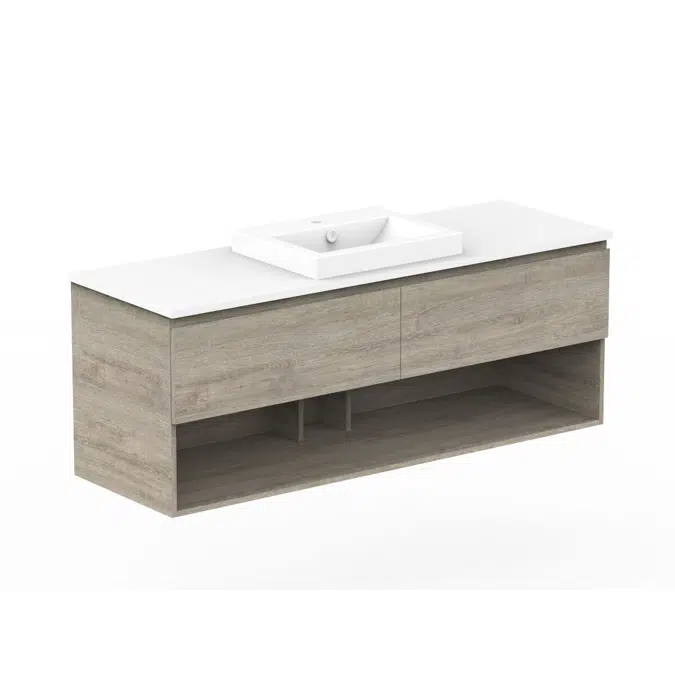 Posh Domaine 1500mm Wall Hung Vanity Unit All-Drawer Open Shelf Single Bowl Cherry Pie Top (no basin)