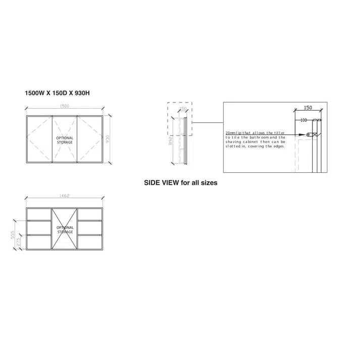ISSY Z8 1500mm x 150mm x 930mm Recessed Triple Shaving Cabinet