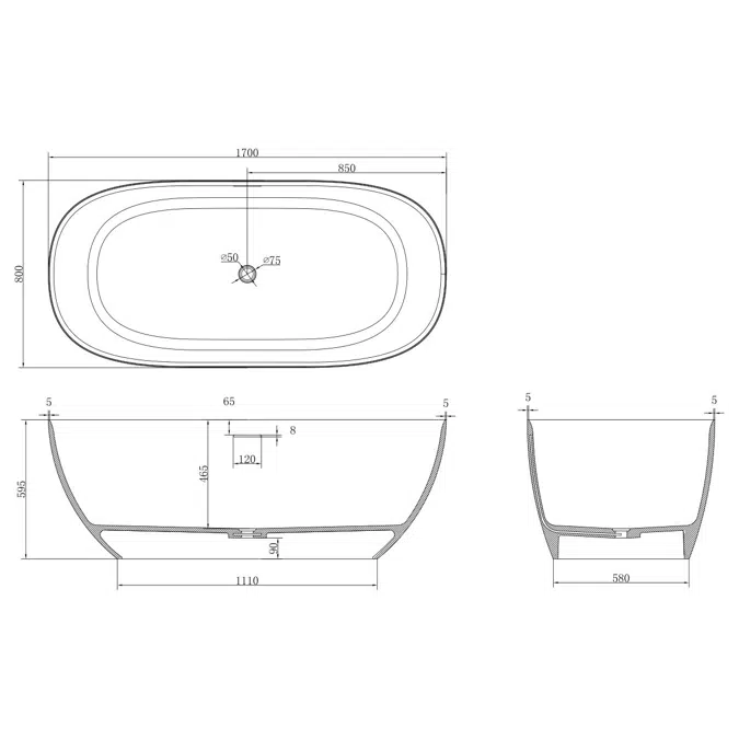 Kado Lussi Cast Solid Surface Freestanding Thin Edge Bath with Plug & Waste 1700mm White