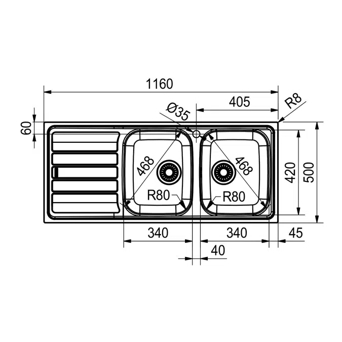 Franke Flash Flx621 Double Bowl Sink Only Left Hand Drain-Right Hand Bowl
