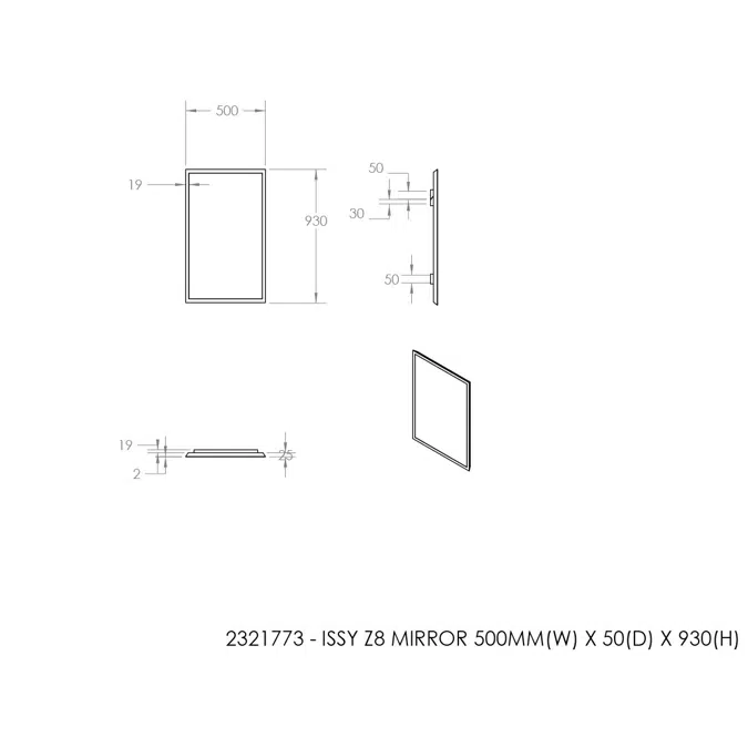 ISSY Z8 500mm x 50mm x 930mm Rectangle Mirror
