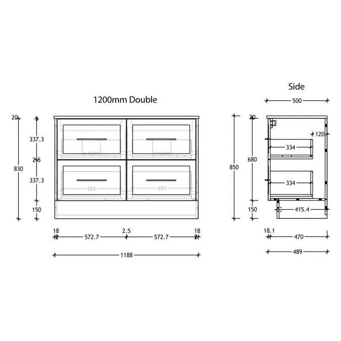 Kado Lux 1200mm All Drawer Floor Mounted Vanity Unit 4 Drawers Double Vanity (No Basin)