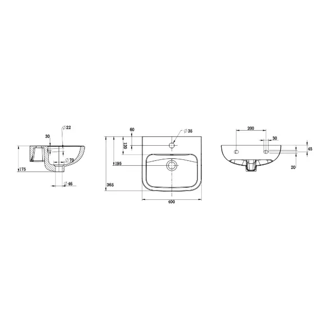 Wolfen Wall Basin 400 x 365 x 175mm with Overflow & fixings 1 Taphole White