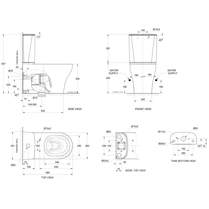 American Standard Cygnet Square Hygiene Rim Close Coupled Back to Wall Bottom Inlet Toilet Suite with American Standard SpaLet E-Bidet Seat White (4 Star)