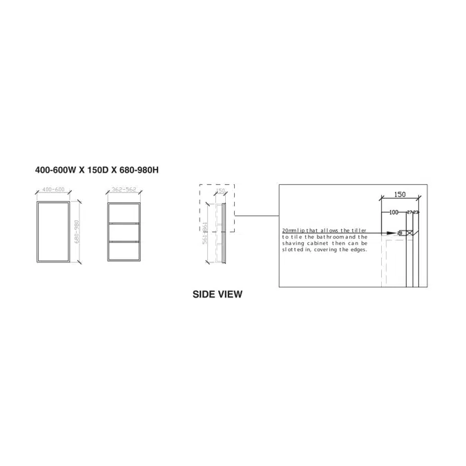 ISSY Z8 400mm - 600mm x 150mm x 680mm - 980mm Custom Recessed Shaving Cabinet