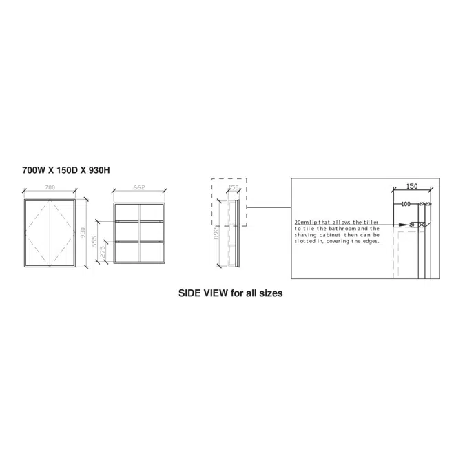 ISSY Z8 700mm x 150mm x 930mm Recessed Shaving Cabinet