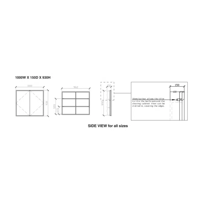 ISSY Z8 1000mm x 150mm x 930mm Recessed Double Shaving Cabinet