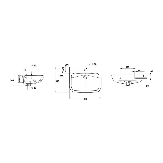 Wolfen Wall Basin 600 x 480 x 205mm with Overflow & fixings 1 Taphole White