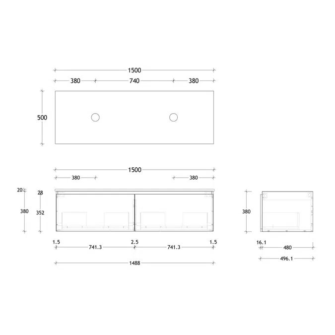 Posh Domaine 1500mm Wall Hung Vanity Unit All-Drawer Double Bowl Cherry Pie Top (no basin)