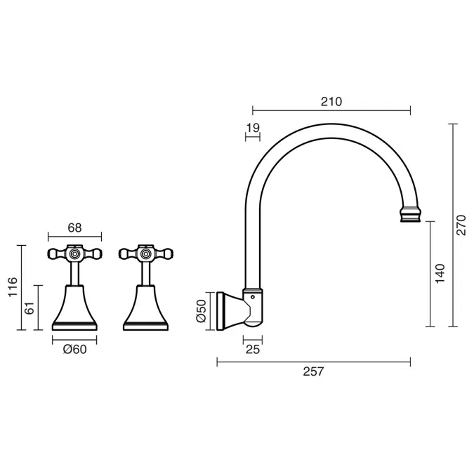Kado Era Wall Sink Set Cross Handles Brushed Nickel (5 Star)