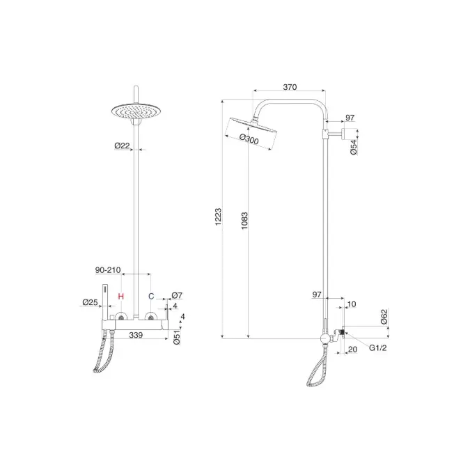 Milli Inox Wall Mount Twin Rail Shower with 300mm Overhead with Bottom Rail Water Inlet Stainless Steel (3 Star)