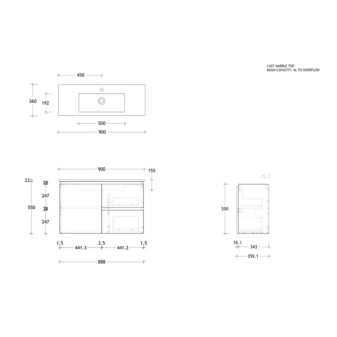 Posh Domaine Ensuite 900mm Wall Hung Vanity Cast Marble Top