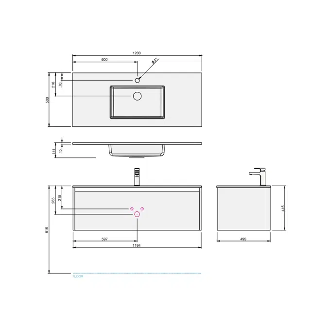 St Michel Kayla Wall Hung Vanity Unit 1200 Integrated Centre Basin 1 Drawer White