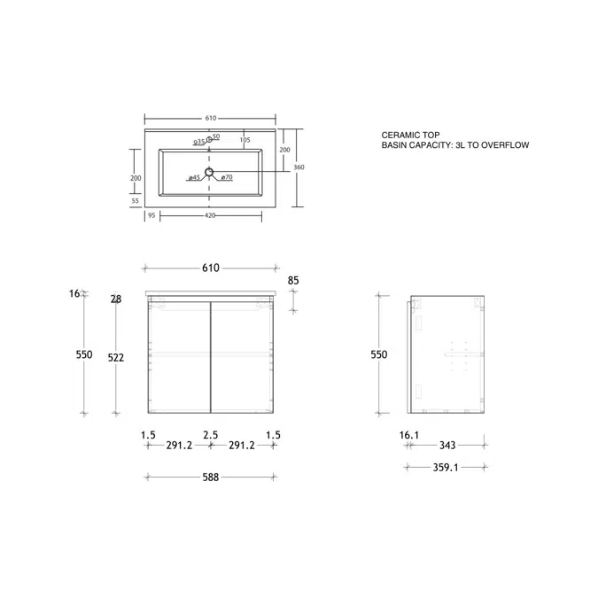 Posh Domaine 600mm Ensuite Wall Hung Vanity Unit Ceramic Top