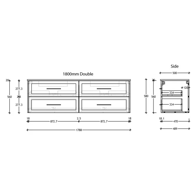 Kado Lux 1800mm All Drawer Wall Hung Vanity Unit 4 Drawers Double Bowl Vanity (No Basin)
