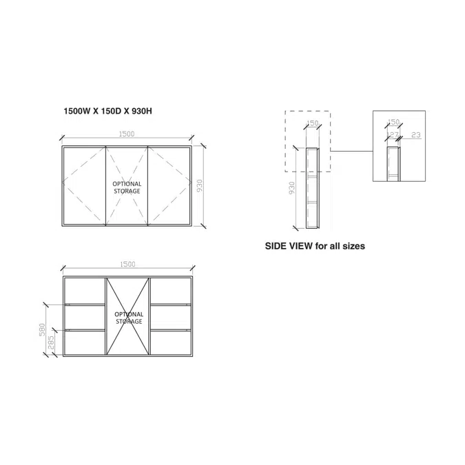 ISSY Z8 1500mm x 150mm x 930mm Triple Shaving Cabinet