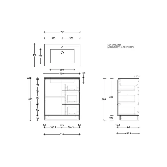 Posh Domaine Conventional 750mm Floor Mounted Vanity Unit Cast Marble Centre Basin