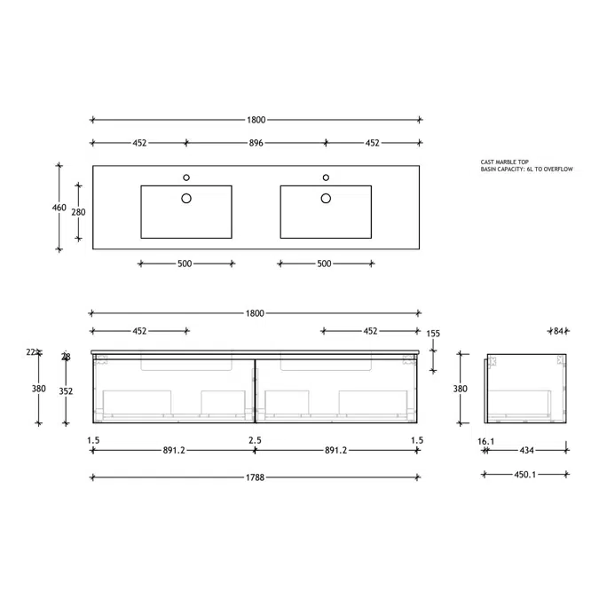 Posh Domaine All-Drawer 1800mm Double Bowl Wall Hung Vanity Cast Marble Top
