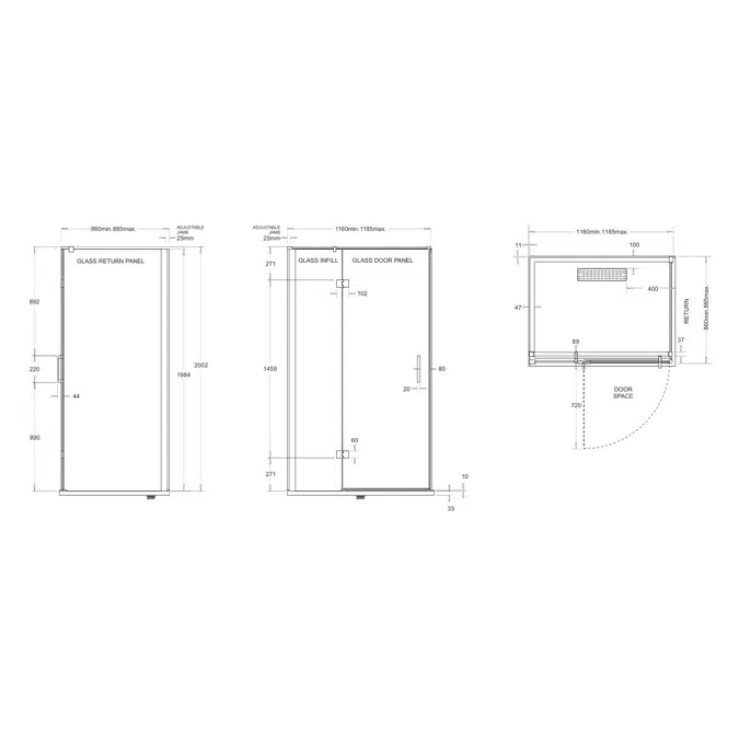 Posh Domaine MK2 1200x900 Semi Frameless Right Hand Entry Base & Screen Only Shower System