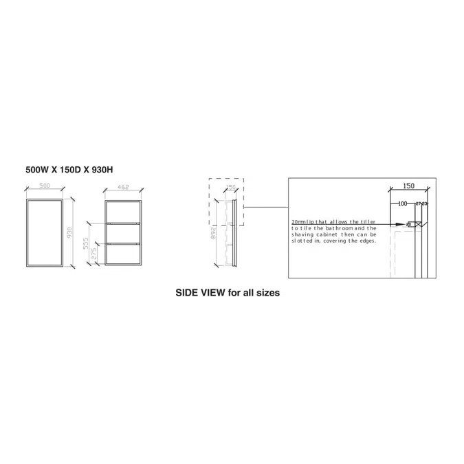 ISSY Z8 500mm x 150mm x 930mm Recessed Shaving Cabinet