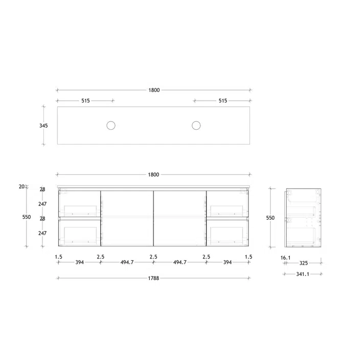 Posh Domaine 1800mm Ensuite Wall Hung Vanity Unit Double Bowl Cherry Pie Top (no basin)