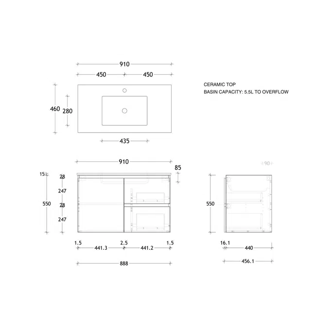 Posh Domaine 900mm Wall Hung Vanity Unit Conventional Ceramic Top